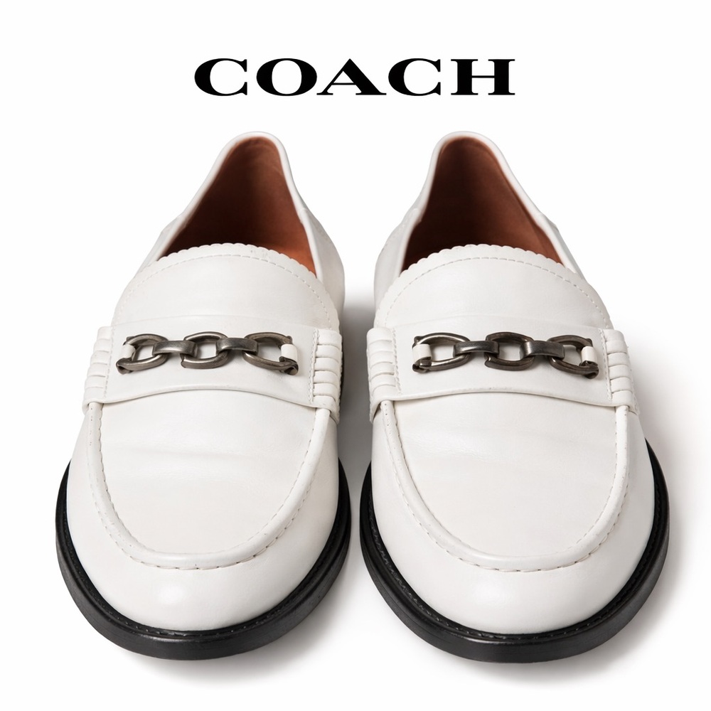 Coach Women’s White Leather Slip-Ons with Chain Detail